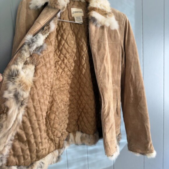 Vintage Suede Fur Trim Jacket Rabbit Collar Cuffs Y2K Mob Wife Boho Chic Medium - Picture 7 of 12
